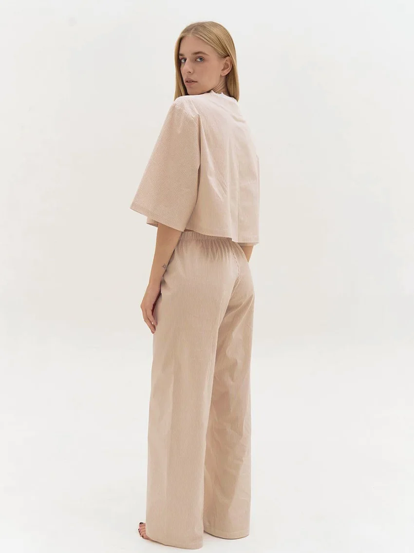 Marthaqiqi Spring Femme Pajamas Suit Long Sleeve Nightwear Crop Top Nightie Lace Up Sleepwear Half Sleeve Pyjamas Pants Homewear