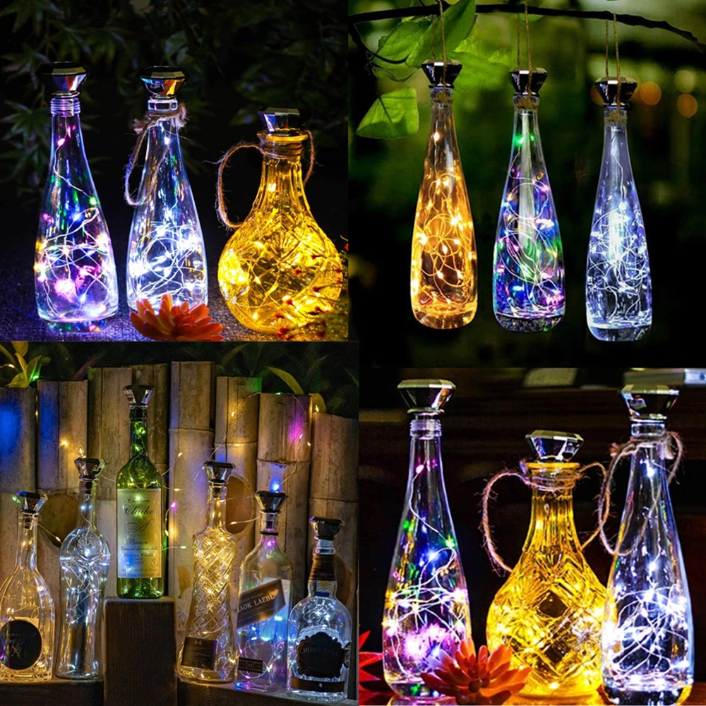 thumbnail image 1 of Guirnalda de luces solares para botellas de vino actualizadas, 2 m, 20 LED, alambre de cobre, para decoración de fiestas de bodas y Navidad, paquete de 4, 8 y 10, 1 of 5