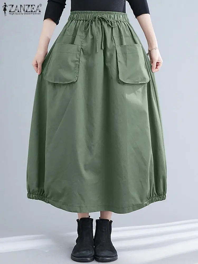 

Autumn Solid Midi Skirts ZANZEA Fashion Casual Women Elastic Waist Loose Party Skirt Jupe Female Vinyahe Baggy Faldas Saia Robe