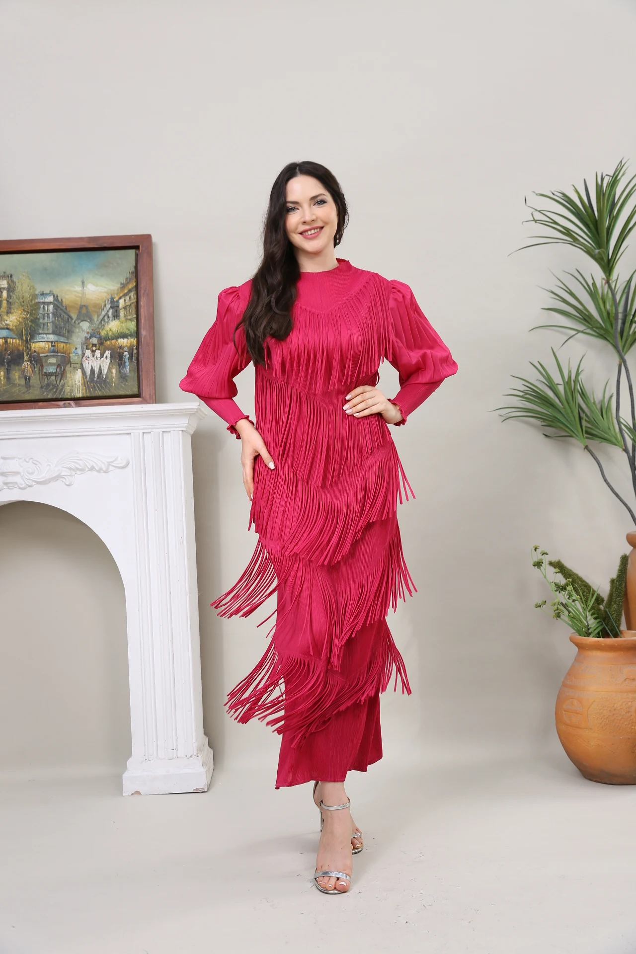 

Женское элегантное красное платье с длинным рукавом и рюшами, рукав епископа, Повседневная кисточка, роскошь, высокое качество, вечеринка