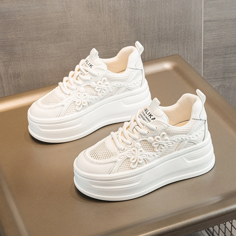 Womens White Mesh Platform Sneakers Breathable Thick Sole Casual Shoes With Flower Embroidery Lightweight Non Slip For Summer Da 1