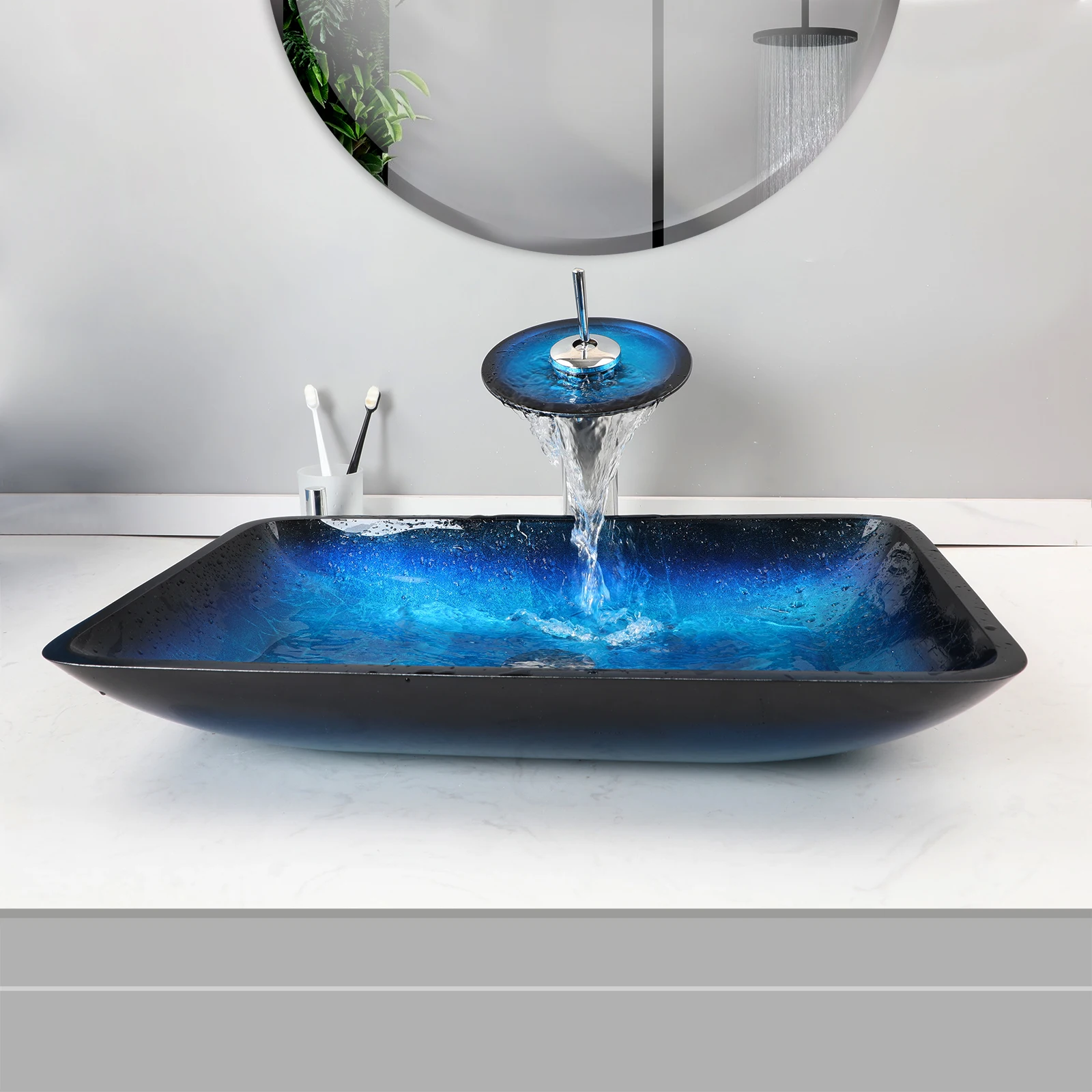 KEMAIDI Big Tempered Glass Basin Sink Washbasin Bathroom Vessel Sinks Counter Top Bowl Washroom Vessel Vanity Sink Faucet Set 3