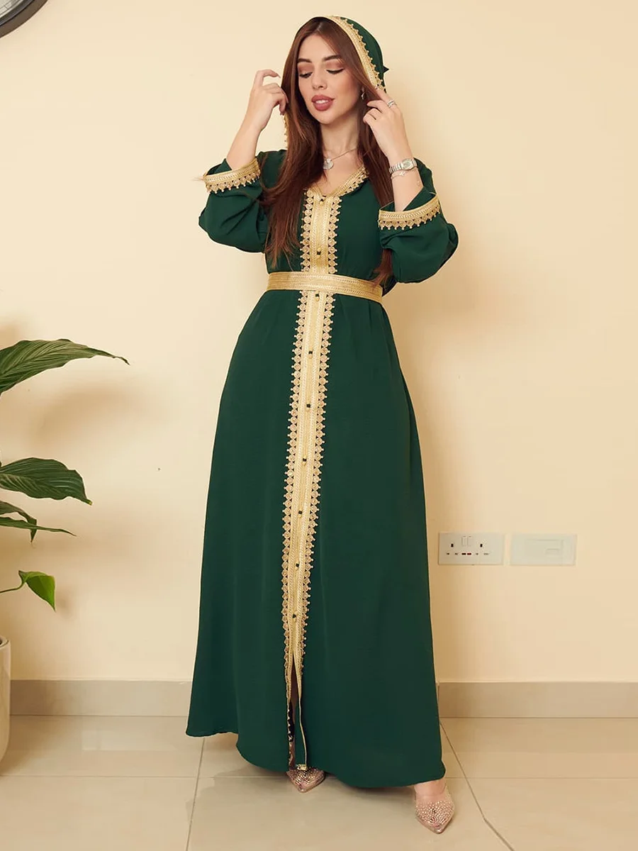 

Eid Mubarak Green Muslim Abayas Dress for Women Hooded Ribbon Dubai Green Dubai Arab Fashion Islam Clothing Cardigan Robe Jilbab