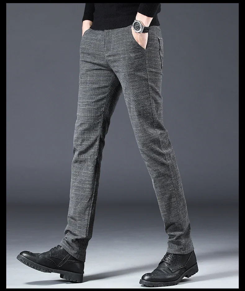 Herbst Winter Gebürstet Baumwolle-wie männer Business Casual Hosen Elastische Gerade Plaid Modische Beiläufige Dünne Hosen Männlich – Detail 16