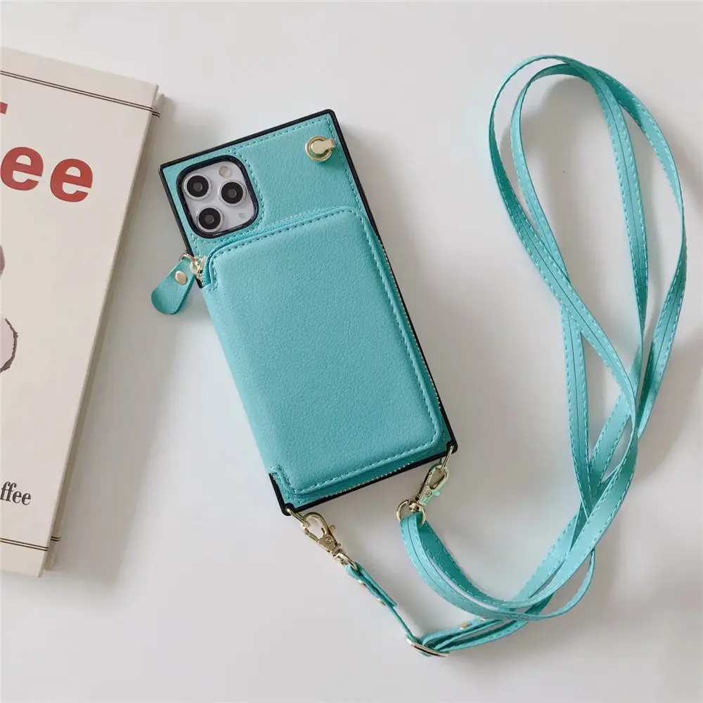 Elegant Zipper Wallet Crossbody Leather Case with Long Lanyard