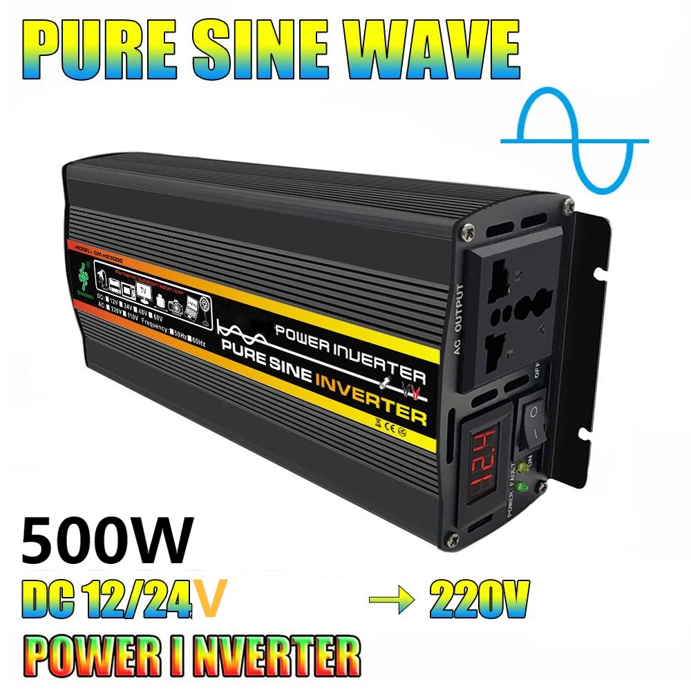 12v 24v To 220v 500w Pure Sine Wave Car Inverter Charger Multi-function  Power Converter Digital Lcd Smart Display - Solar Inverters - AliExpress