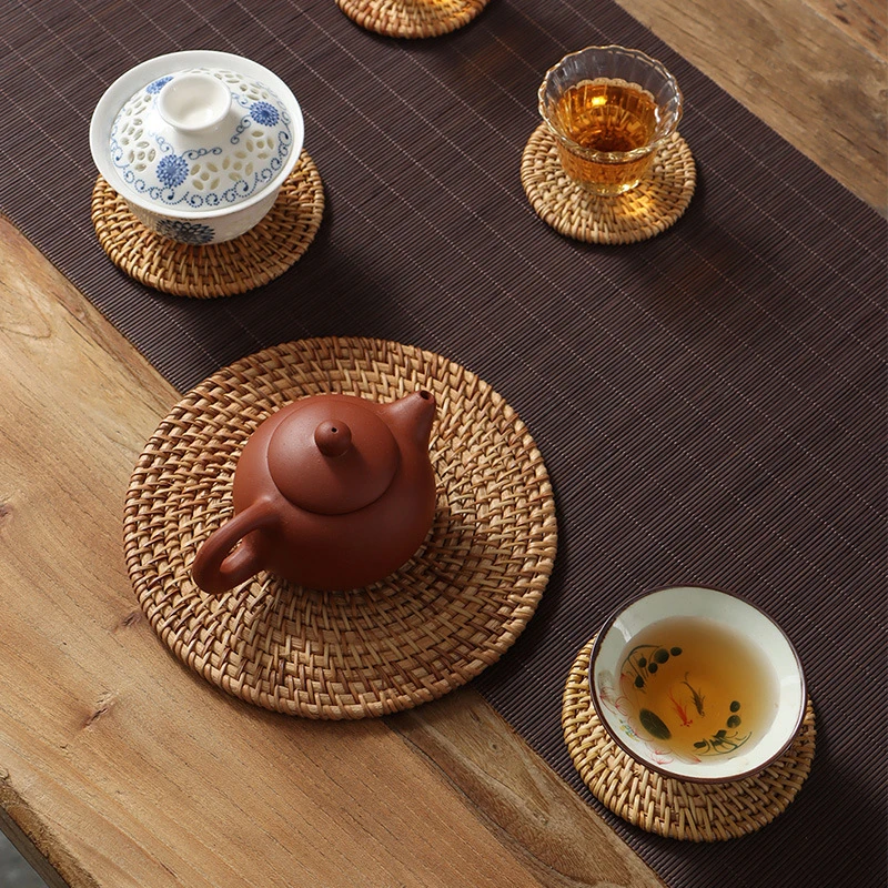 6 Stuks Rotan Onderzetters Handgemaakte Theekopje Onderzetters Set Geïsoleerde Rotan Beker Placemat Theekopje Accessoires Hoge Temperatuurbestendigheid Antislip Oppervlak (13 cm