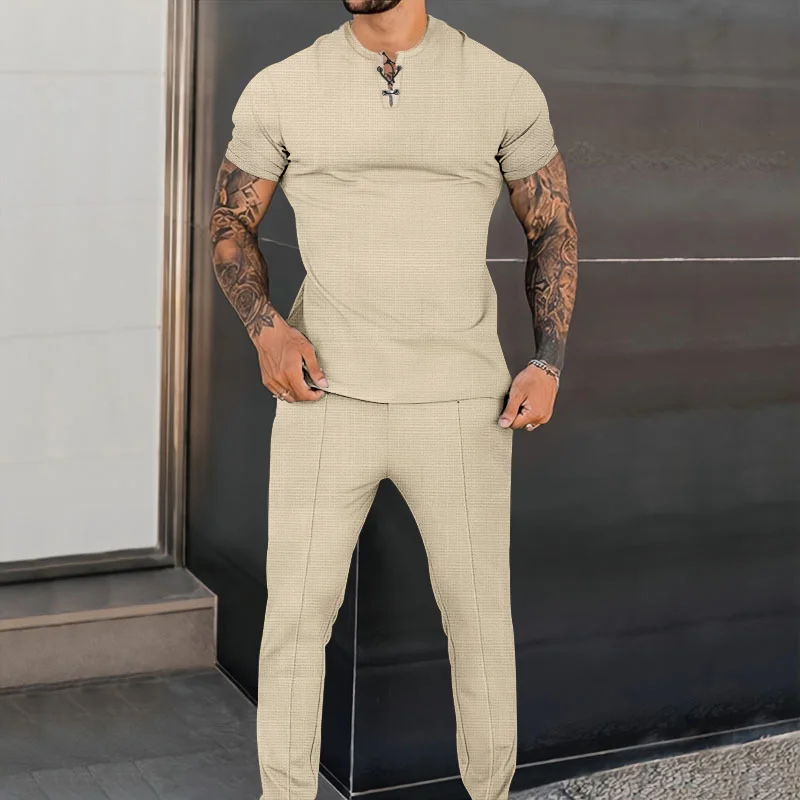 Men's Clothing 2024 V Neck Tie Short Sleeved Drawstring Elastic Waist Long Pants Set For Casual Sports Versatile Summer T-shirt