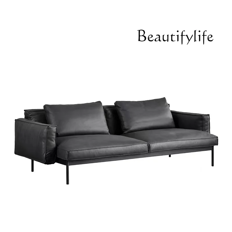 

Nordic Modern First Layer Cowhide Italian Minimalist Living Room Black Leather down Three-Seat Sofa