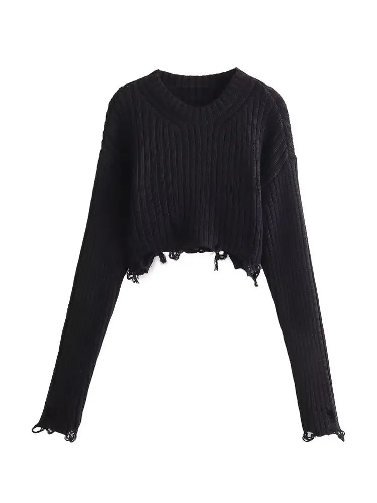 

MESTTRAF Women 2023 Fashion Y2k Ripped Cropped Knit Sweater Vintage O Neck Long Sleeve Female Pullovers Chic Tops