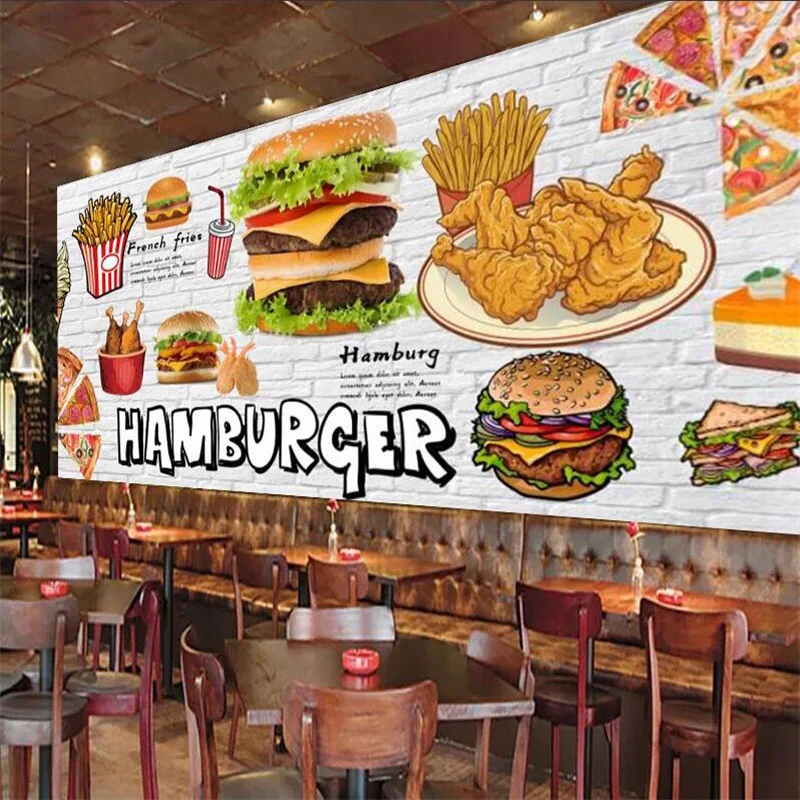 Brick Wall Fast Food Restaurant Industrial Decor Custom Mural Wallpaper Fried Chicken Burger Pizza Snack Bar Decor Wall paper custom retail donuts paper racks cookies up merchandise floor cardboard display shelves for snack shop