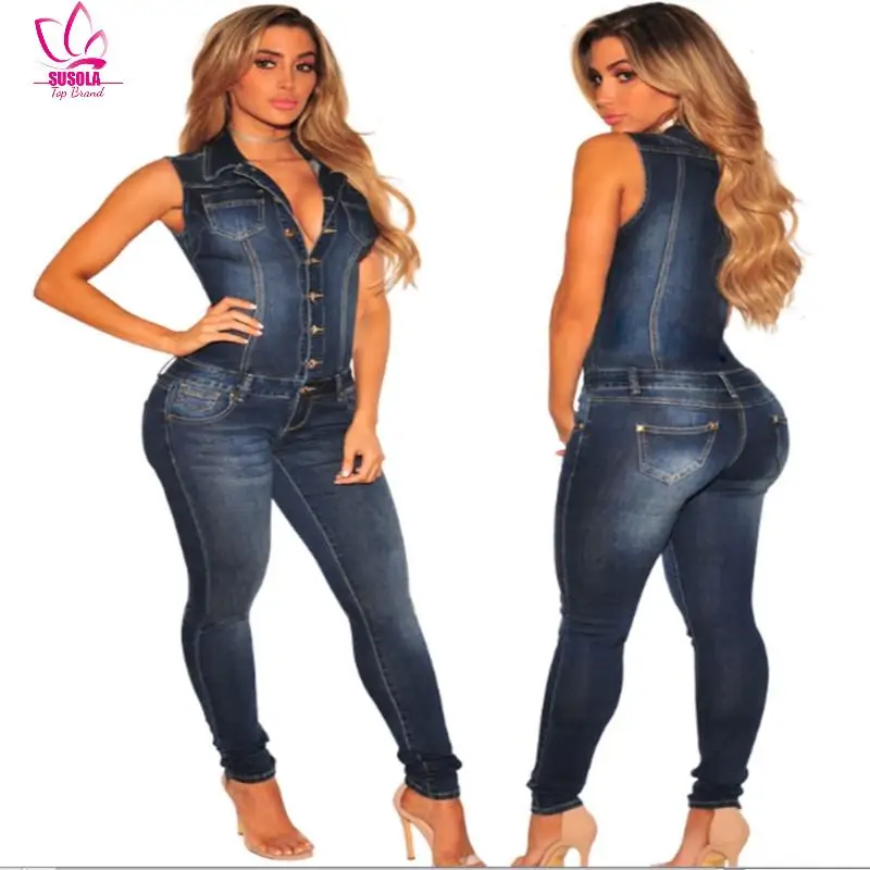 

SUSOLA Lady New Arrival Sleeveless Jumpsuit Jeans Sexy Bodysuit Women Denim Overalls Rompers Girls Pants Jeans Ladies