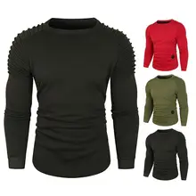 

2022 Solid Color Sleeve Pleated Patch Detail Long Sleeve T-Shirt Men Spring Casual Tops Pullovers Fashion Slim Basic Tops