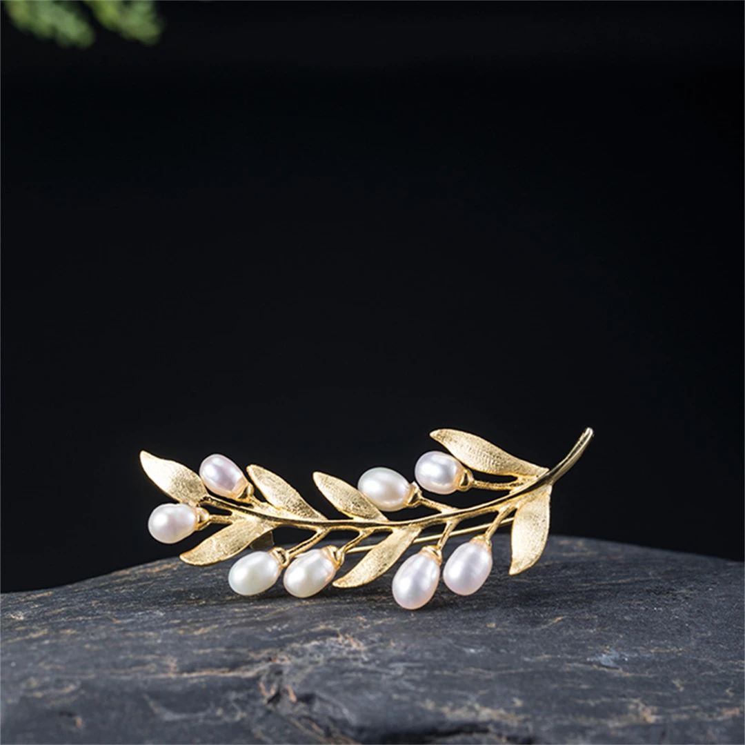 New 100% S925 Pure Silver Suit Exquisite Dress Jacket Freshwater pearl Women's Men Brooch olive Branch Accessories Jewelry 4