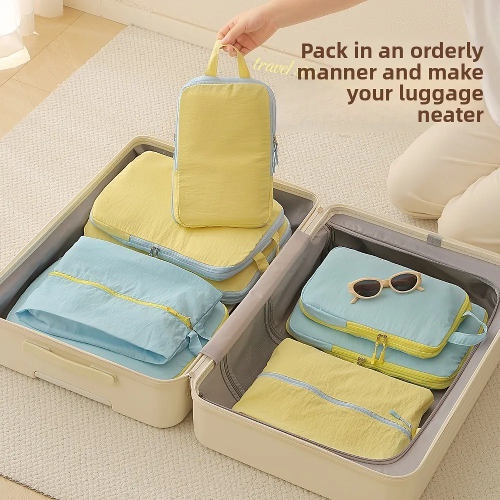 Enhanced Travel Packing Cubes Set with Shoe Bag - Yellow Taslan, Space-Saving Compression Luggage Organizers