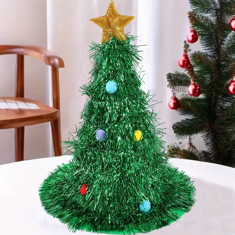 Christmas Tree Hats Fabric Rain Silk Hat for Adults Kids Funny Santa Hat with Tinsel Xmas Holiday Party Costume New Year Decor