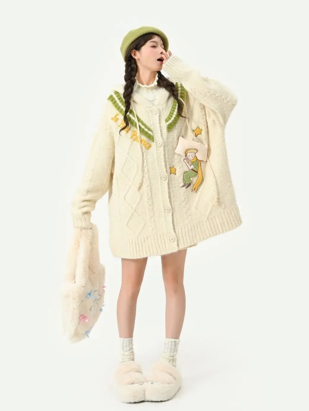 

Vintage twist V-neck stitching embroidery knitted cardigan autumn and winter women loose casual jacket original cute dress