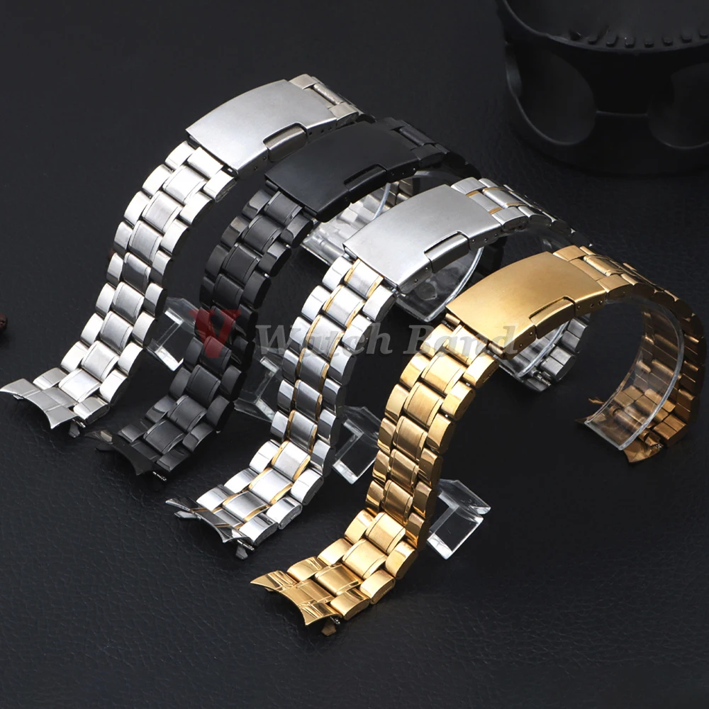 Premium Stainless Steel Curved End Watch Strap with Folding Buckle - Sleek Wristband Accessory