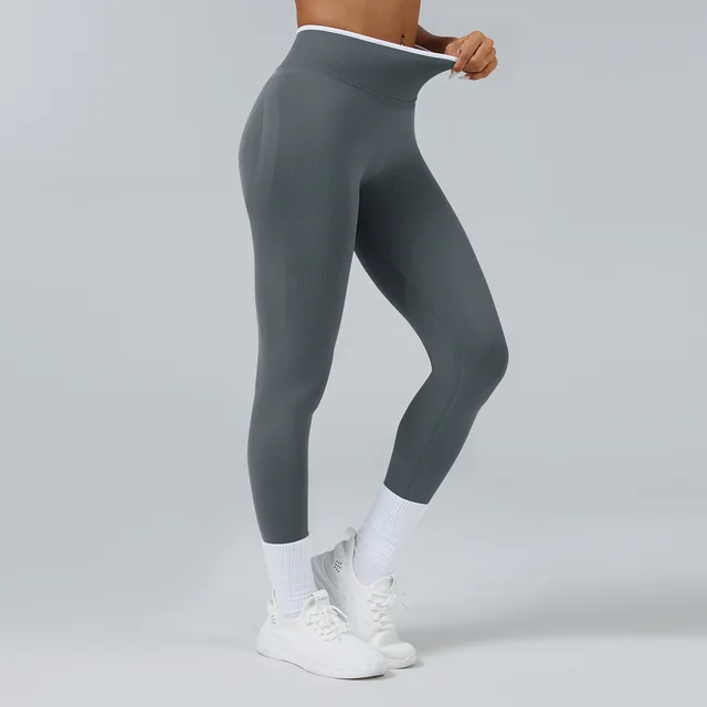 Women Seamless Ribbed Band High Waist Butt Lifting Sports Pants Leggings Compression Fitness Running Gym Workout Wear Suit