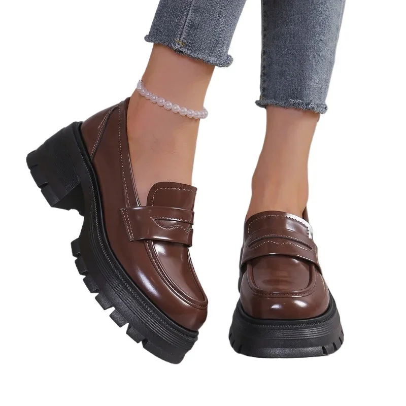 Shoes Female 2024 Fashion Slip-on Women's Loafers Sponge Bottom Autumn Mary Janes Round Toe Patent Leather Platform Shoes Ladies 6