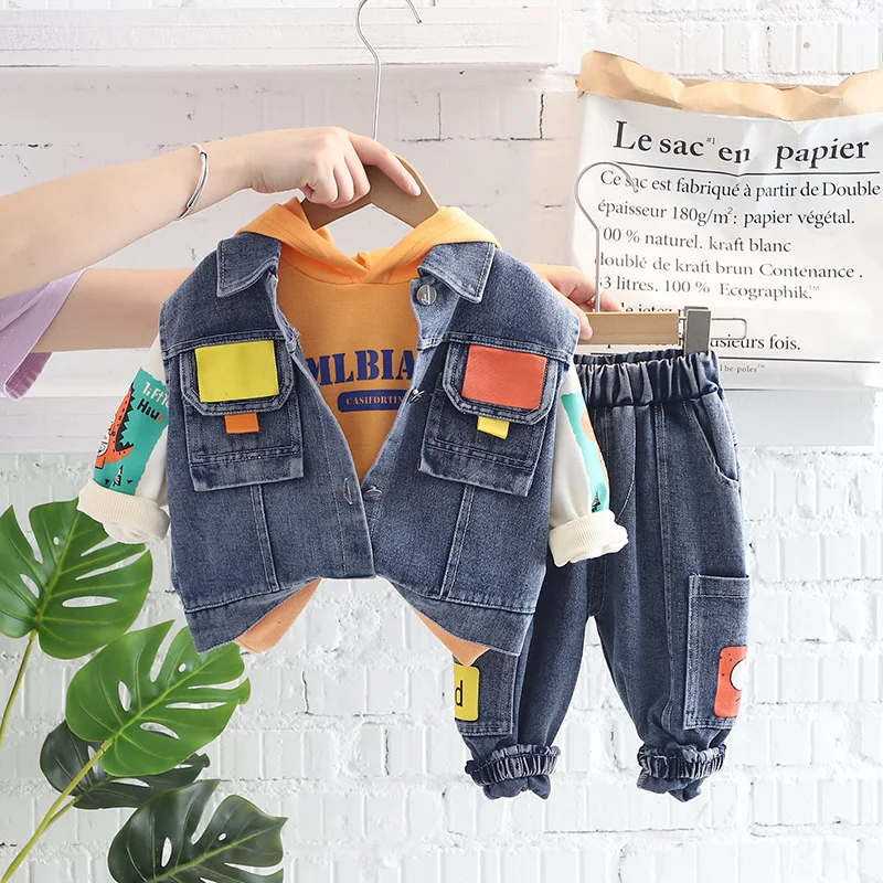 Kids Clothes Baby Boy Cotton Clothes Spring Autumn 3Piece Cowboy Trousers Long Sleeve Coat Leisure Sports Denim Suit