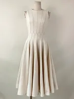 فستان نسائي عالي الخصر بلا أكمام برقبة دائرية ، خطوط براقة ، فساتين أنيقة بطيات ، أحادي اللون ، موضة الربيع ، جديد ، 140db381 1