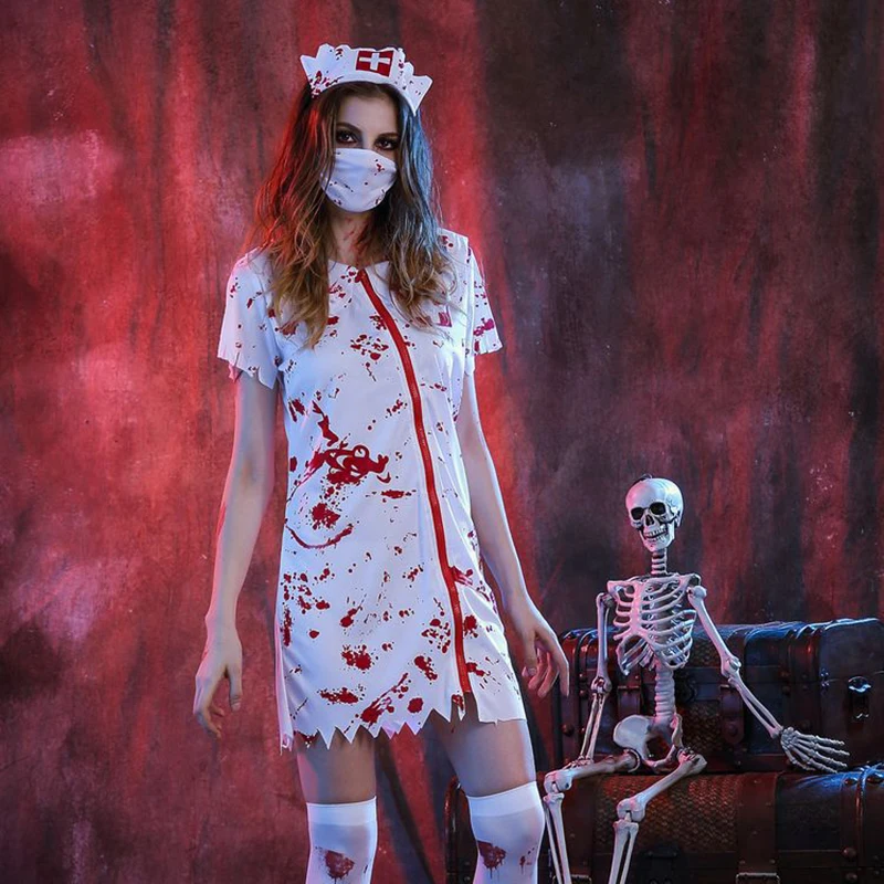 Halloween Costumes for Women MenCosplay Doctors Nurses Dress Jacket Coat with Hat Mask Scary Clothing Horrible Skirt Bloodstain