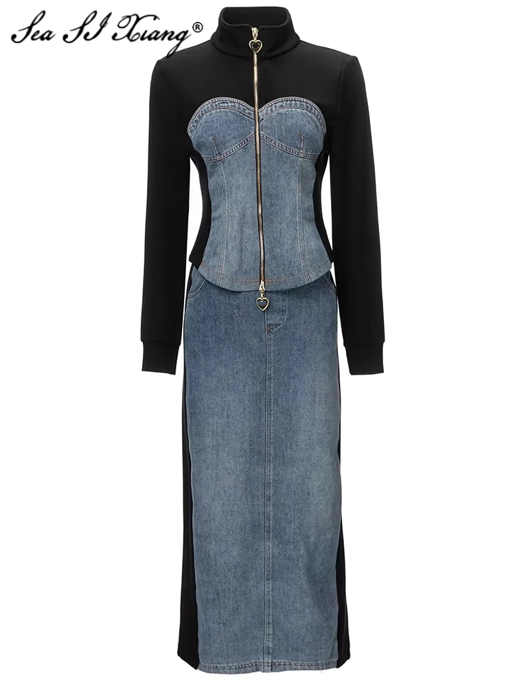 

Seasixiang Fashion Autumn Denim Patchwork Suit Women Stand Collar Long Sleeve Coat+Pockets Pencil Skirt High Street 2 Piece Set