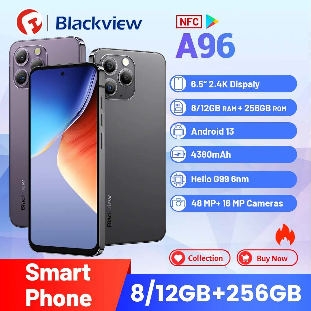 

Blackview A96 Smartphone , Global Verson 8GB/12GB+256GB ,Android 13,G99, 4380mAh Mobile Phone , 6.5" 2400*1080 FHD+120 Cellphone