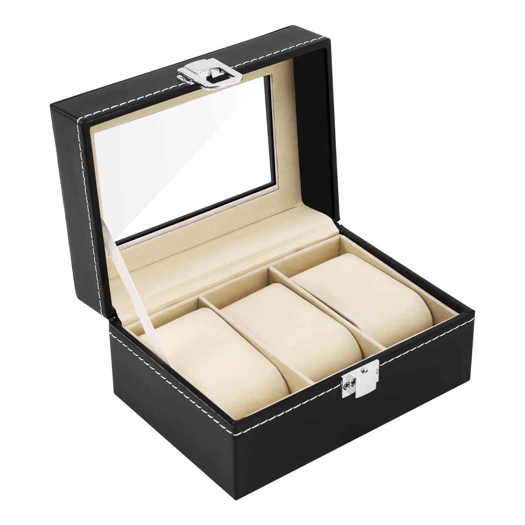 

Watch Box Small 3 Slot Mens Black Leather Display Glass Top Jewelry Case Organizer Watch Storage Case Jewelry