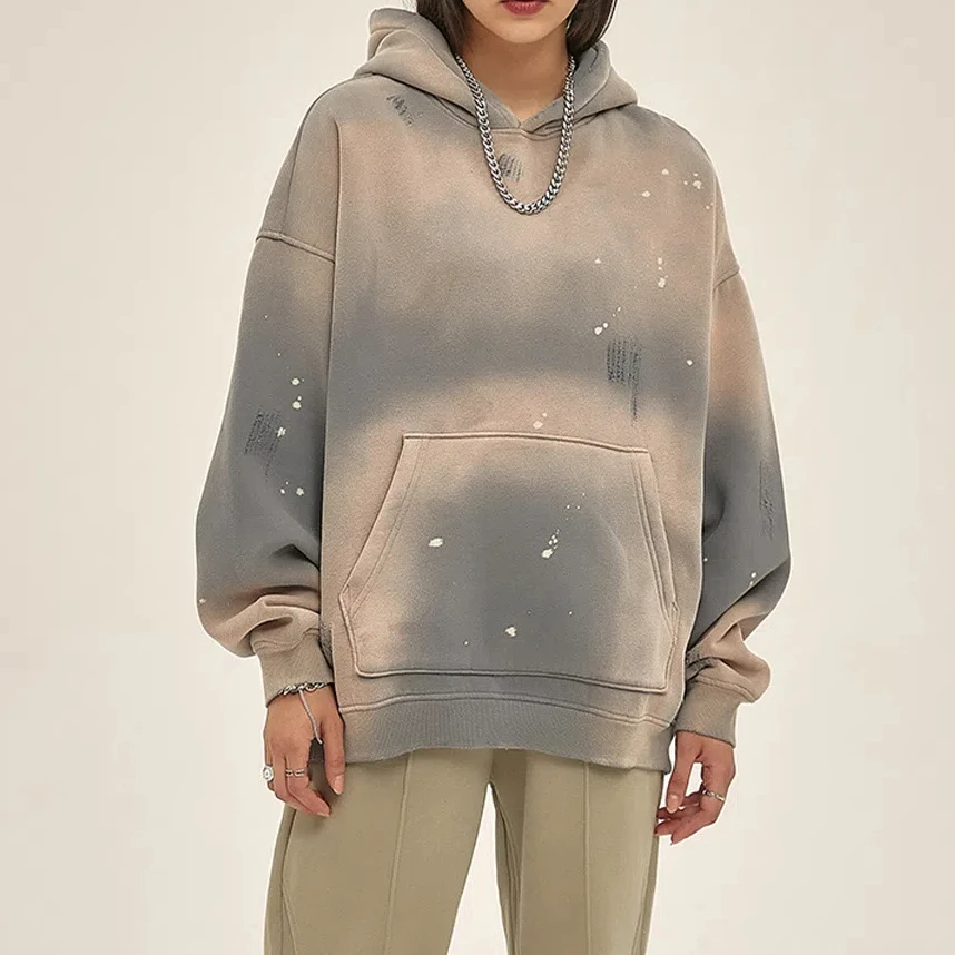 Splashed Ink Vintage Hoodies Männer Schwergewicht Streetwear Zerfetzte Kanten Übergroße Tropfen Schulter Herbst Winter Fleece Gefüttert Neue 2025 – Detail 13