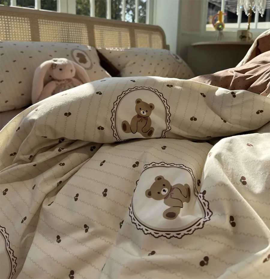 

Модный комплект постельного белья cartton с медведем слоном вишней, двуспальный полный Королевский Коричневый хлопковый домашний текстиль, простыня, подушка, пододеяльник