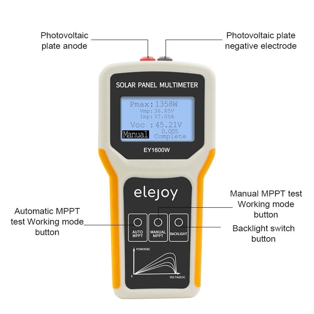 LCD Photovoltaic Panel Multimeter 12-60V 60AMax 1600W Auto/Manual MPPT Tester solar power meter