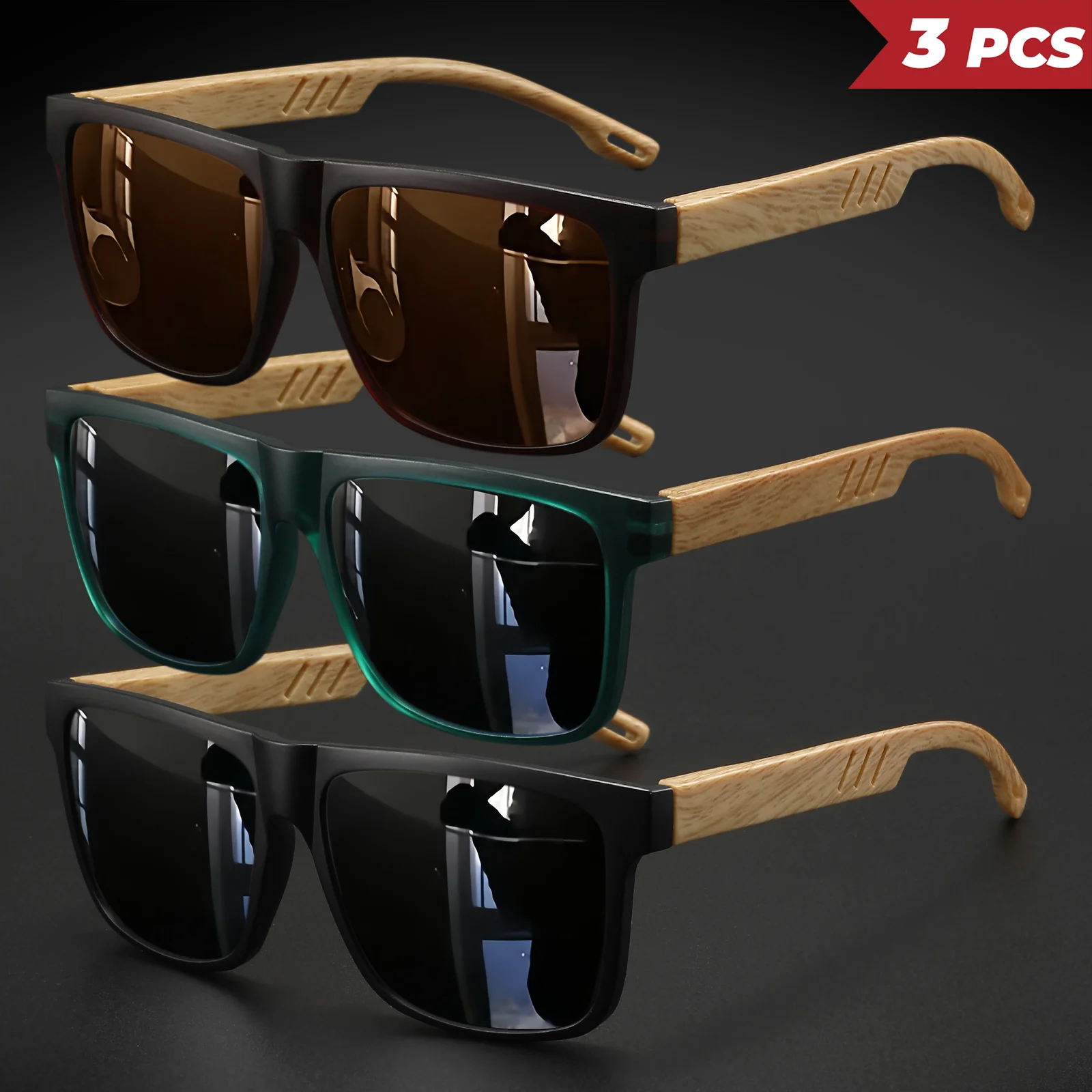 3PCS neue modische quadratische Sonnenbrille – Federscharnier mit Holzmaserung, UV400 Unisex zum Fahren, Wandern und Reisen – Detail 14