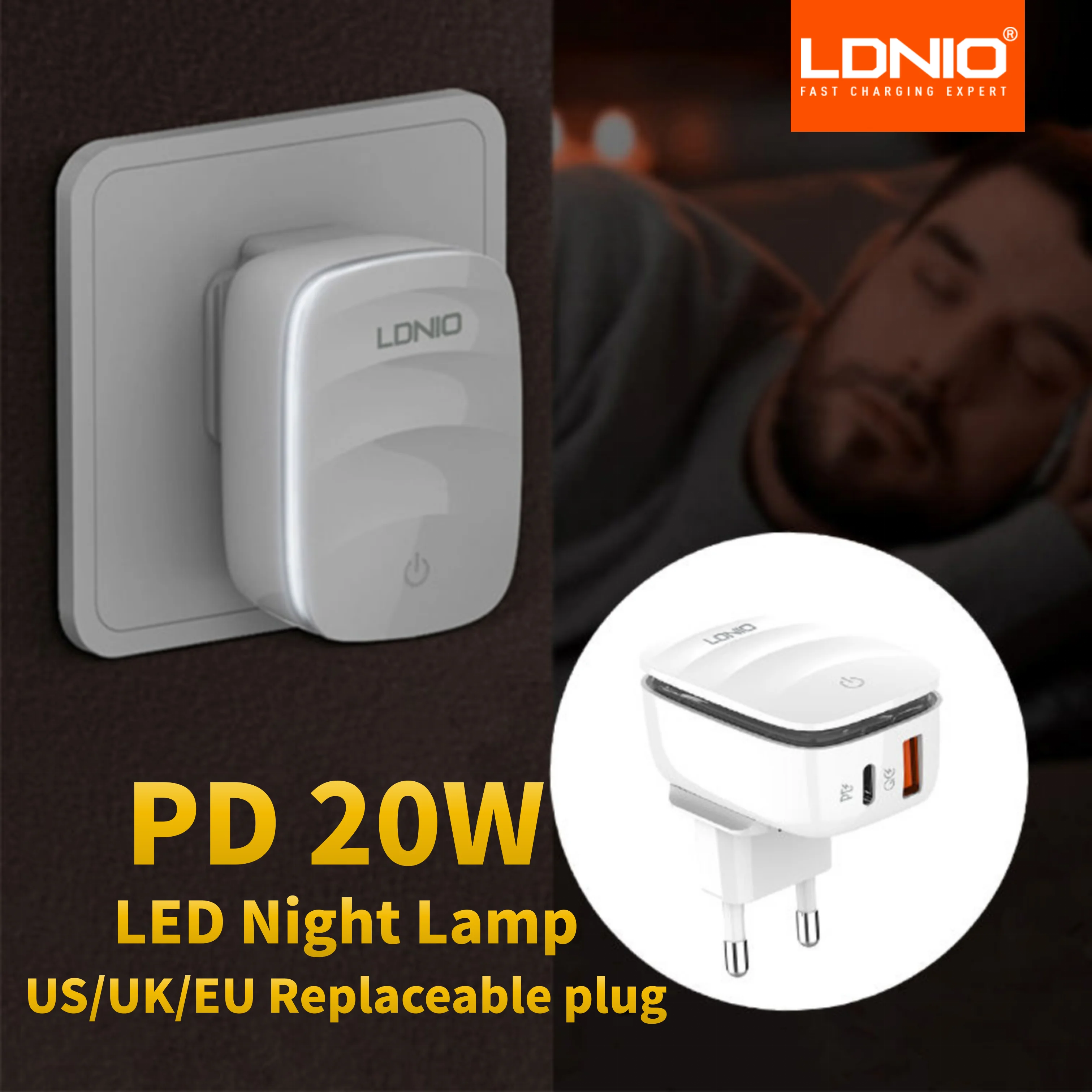 

LDNIO PD 20W Charger Travel Adapter with LED Lamp Mobile Phone Wall Charger Fast Charging US UK EU Plug Type C Charger A2425C