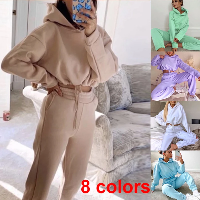 Women's open navel hoodie sportswear open navel hoodie and pants casual sportswear jogging suit 2-piece set of 8 colors