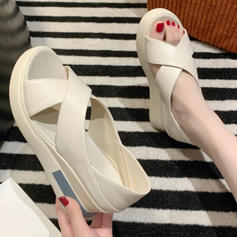 Lucyever 2022 Summer Wedges Sandals for Women Cross Strap Thick Bottom Casual Shoes Woman Open Toe Pu Leather Sandalias Female