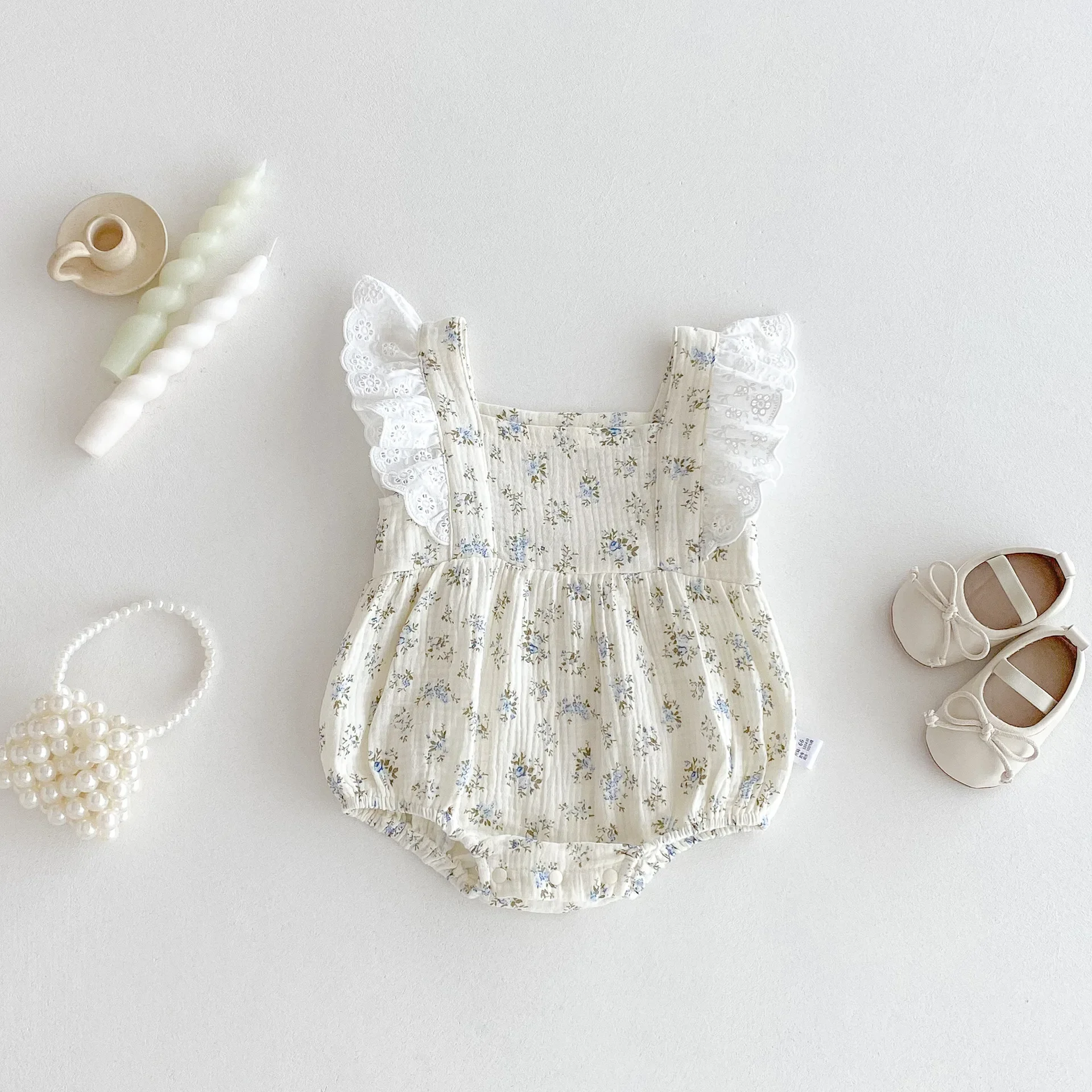 Summer New 0-2Y Baby Girl Cute Bodysuit Floral Print Lace Flutter