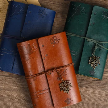 Nostalgic Fallen Leaf Spiral Ring Diary Vintage Leather Cover Travel Personalized Binder with Kraft Paper And Protective Cover 2