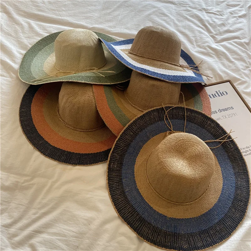 

Summer Women Raffia Straw Hat Bowknot Wide Brim Floppy Panama Hats Female Lady Outdoor Foldable Rainbow Striped Beach Sun Cap