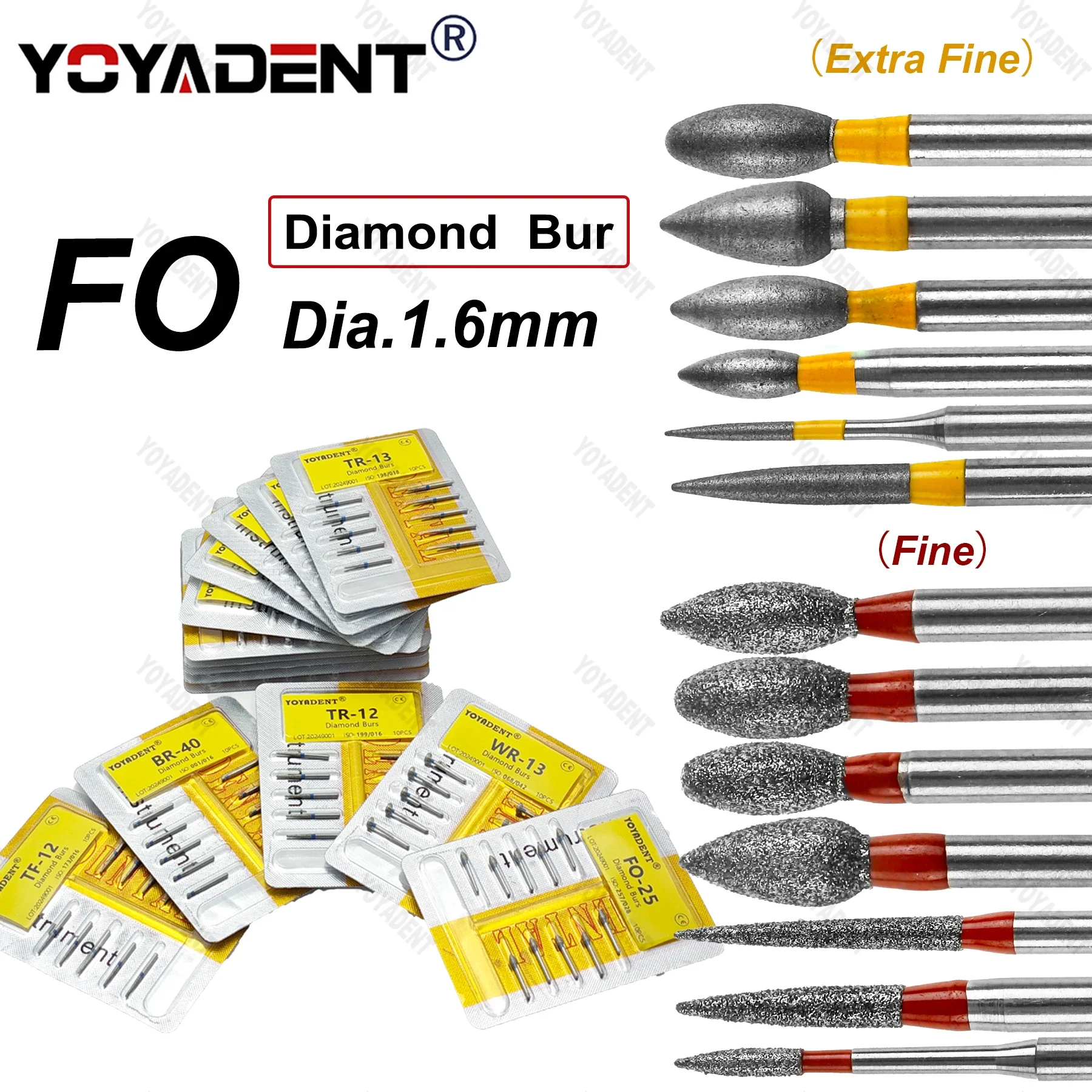 10Pcs/Pack FO Type Dental Diamond Burs Dentistry Drills For High Speed Turbines Dia.1.6mm dental drills