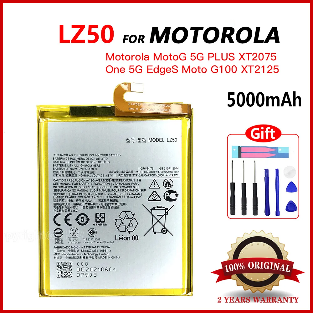 Genuine 5000mAz LZ50 Rechargable Battery For Motorola Moto One 5G Plus / G100 / Edge S XT2125 XT2125-4 Mobile Phone Bateria