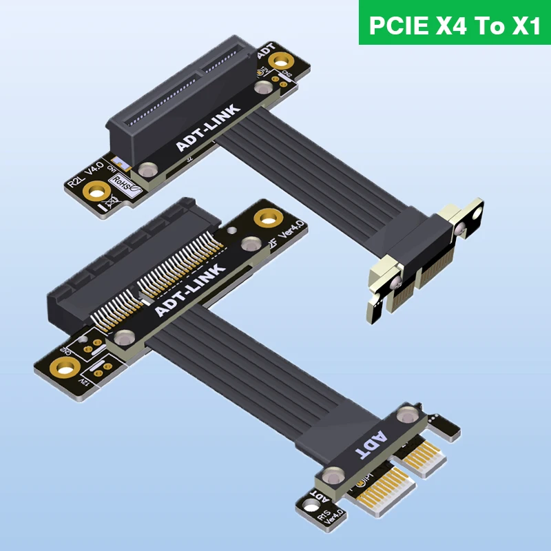 

Новый ленточный кабель расширения PCI Express 4,0 X4 до X1, графическая карта PCIE 1x до 4x, Удлинительный кабель, двойной 90-градусный переходник, удлинитель