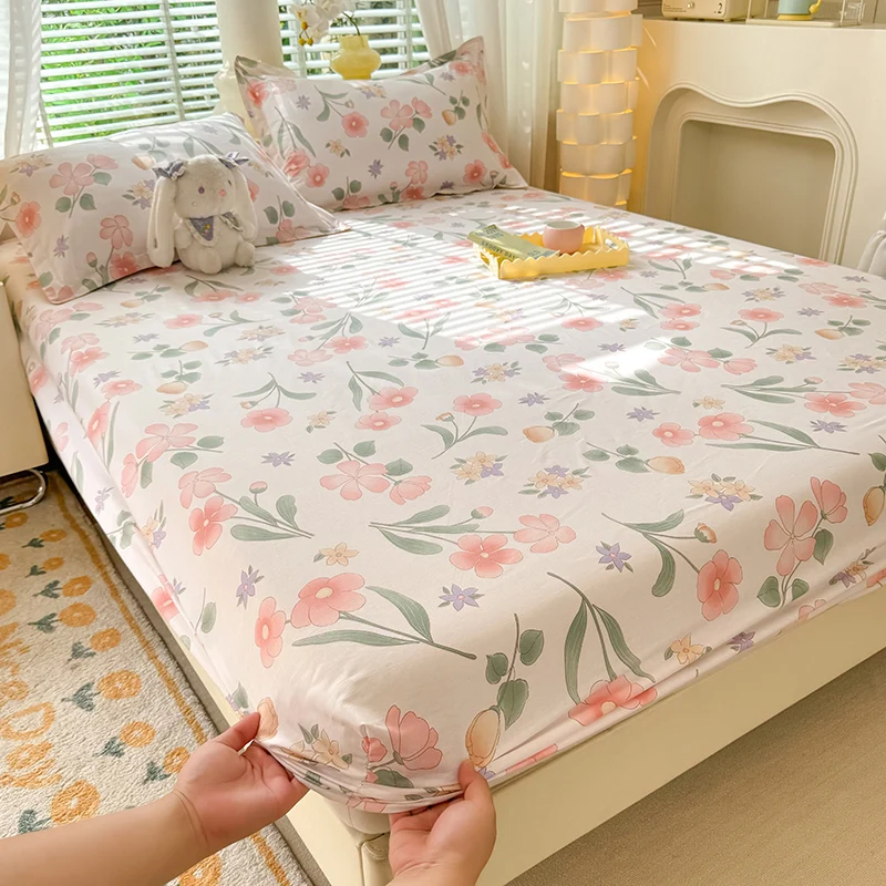 100% Cotton Fitted Sheet Floral Style Bedsheets Skin-friendly Elastic Bed Cover Home Bed Linen 1PCS (No Pillowcase) 6