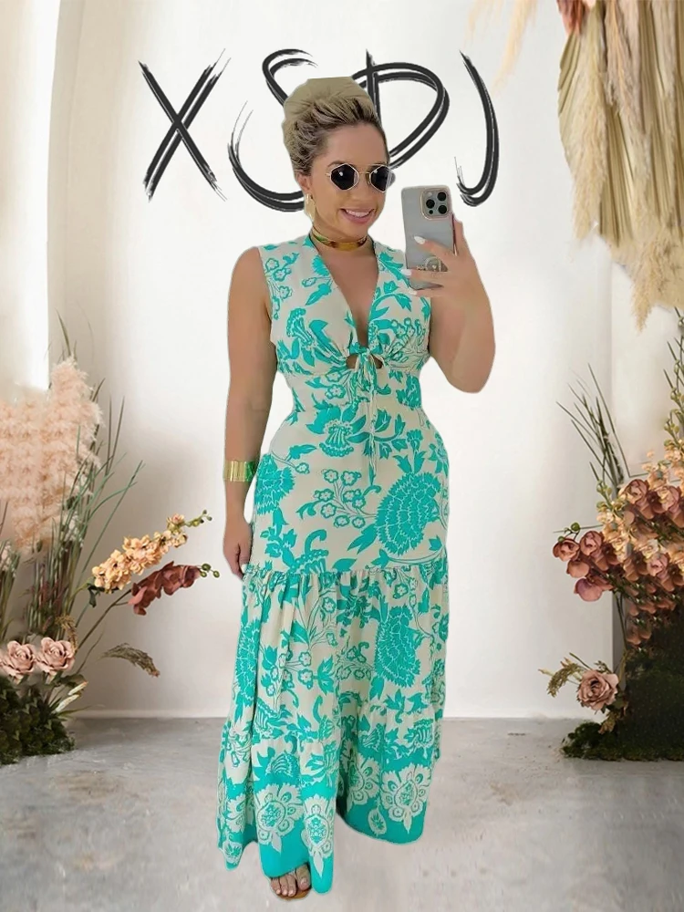 

Long Bohemian Dresses for Women Sexy V Neck Sleeveless Floral Print Ladies Summer Dresses Slim Elastic Waist Elegant Party Dress