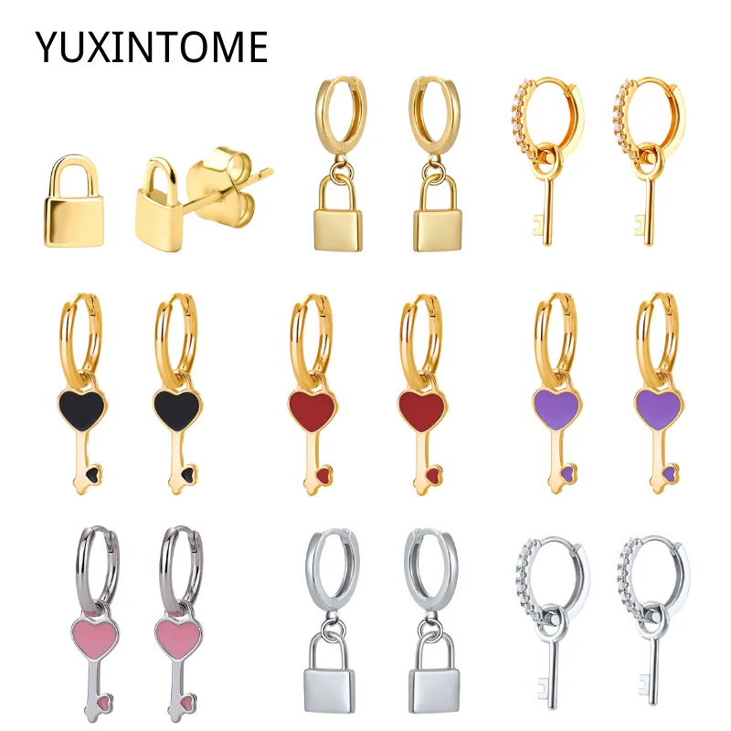 925SilverNeedleLockShapedEarringsForWomenEnamelKeyPendant