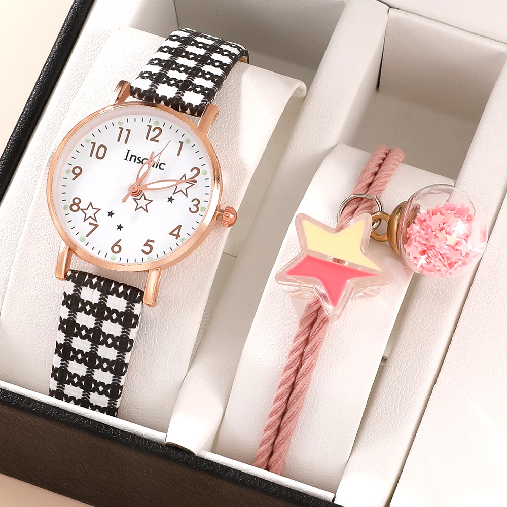 

[Headrope Included] Fashion Ladies Watch Korean Leather Quartz WristWatch with Exquisite Hair Accessories Bracelet Gift