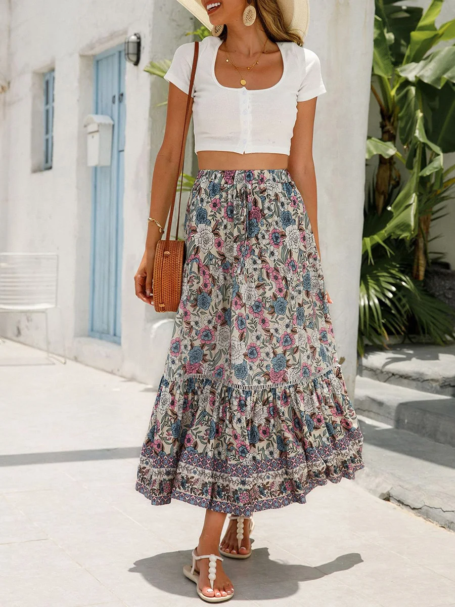 

Women's Casual Daily Bohemian Skirt Long Skirt Elegant Elastic Waist Floral Flowy Summer Swing Big Bar Swing A-Line Skirt