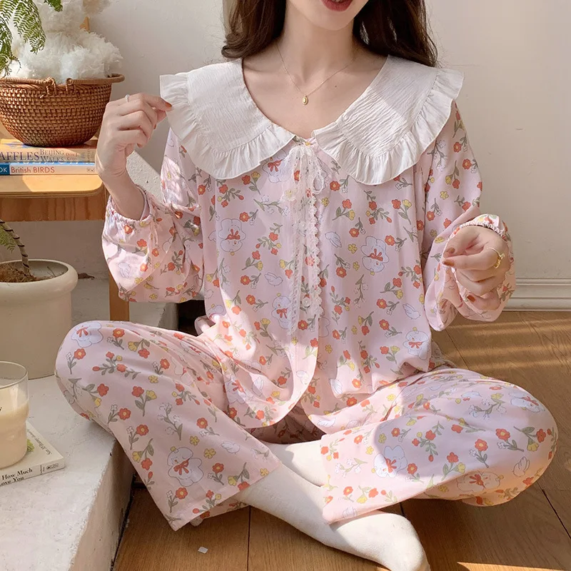 Long Sleeved Pants Pajamas Suit Round Neck Doll Collar Cardigan Nightie French Princess Style Lace Ribbon Cotton Silk Home Wear