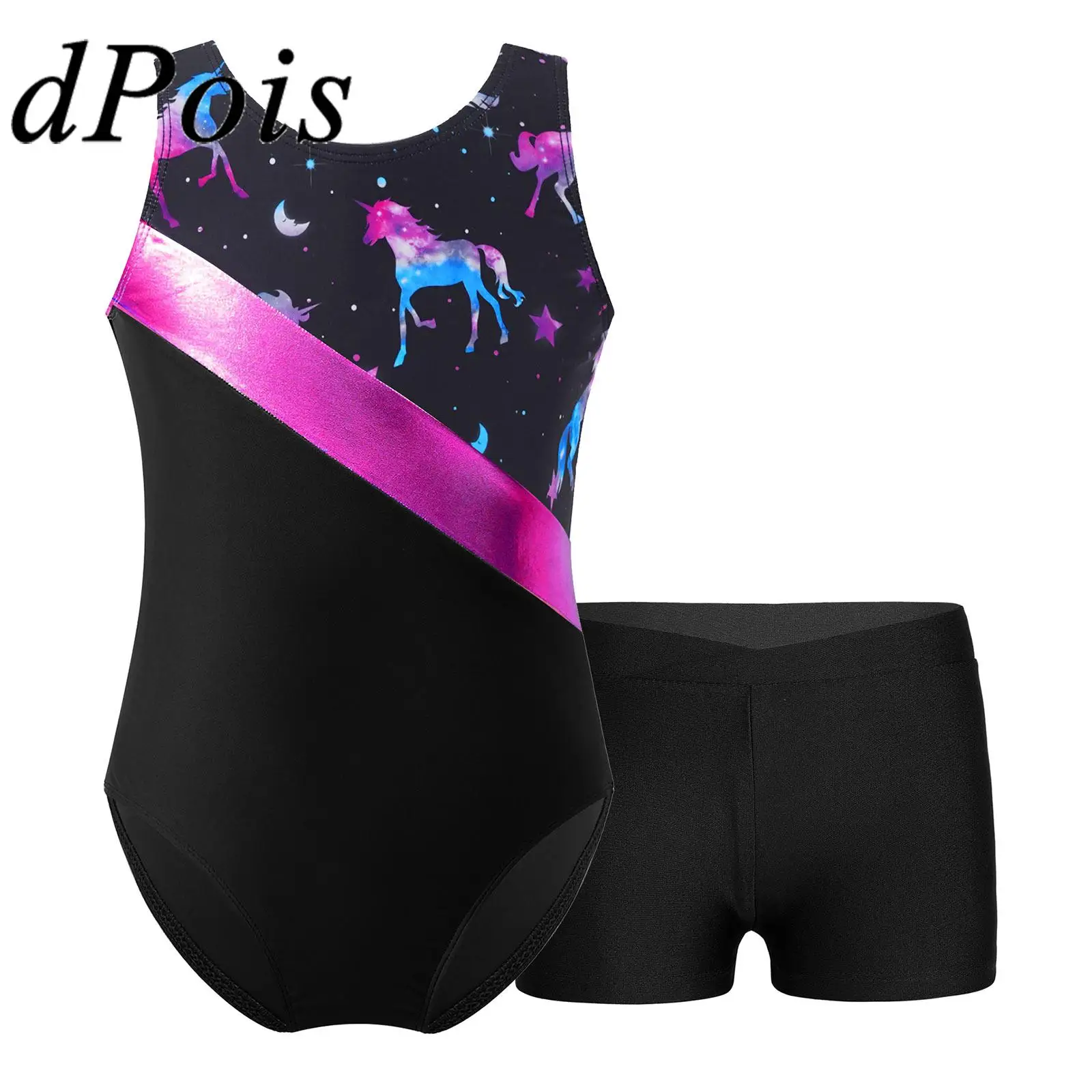 

Gymnastics Leotards Kids Ballet Dance Outfits Girls Sleeveless Patchwork Printed Skating Jumpsuit with Shorts Gymnastic Bodysuit